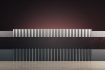 Interior with abstract metal pattern on wall.