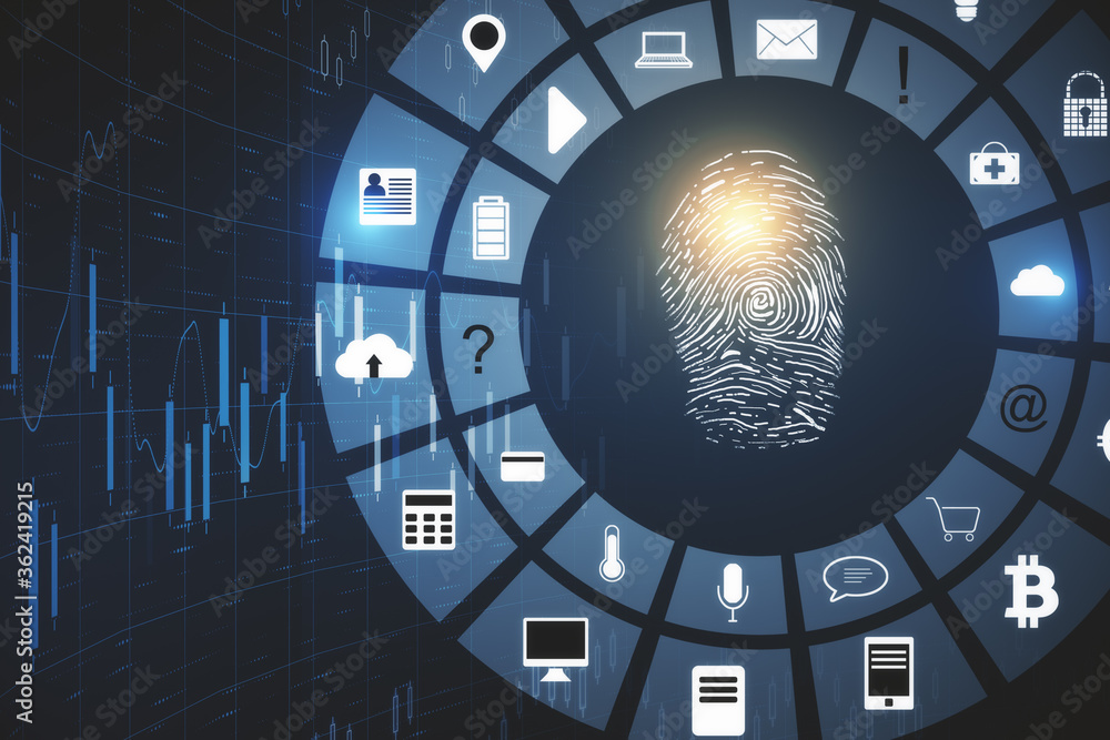 Poster glowing digital fingerprint interface with stock char