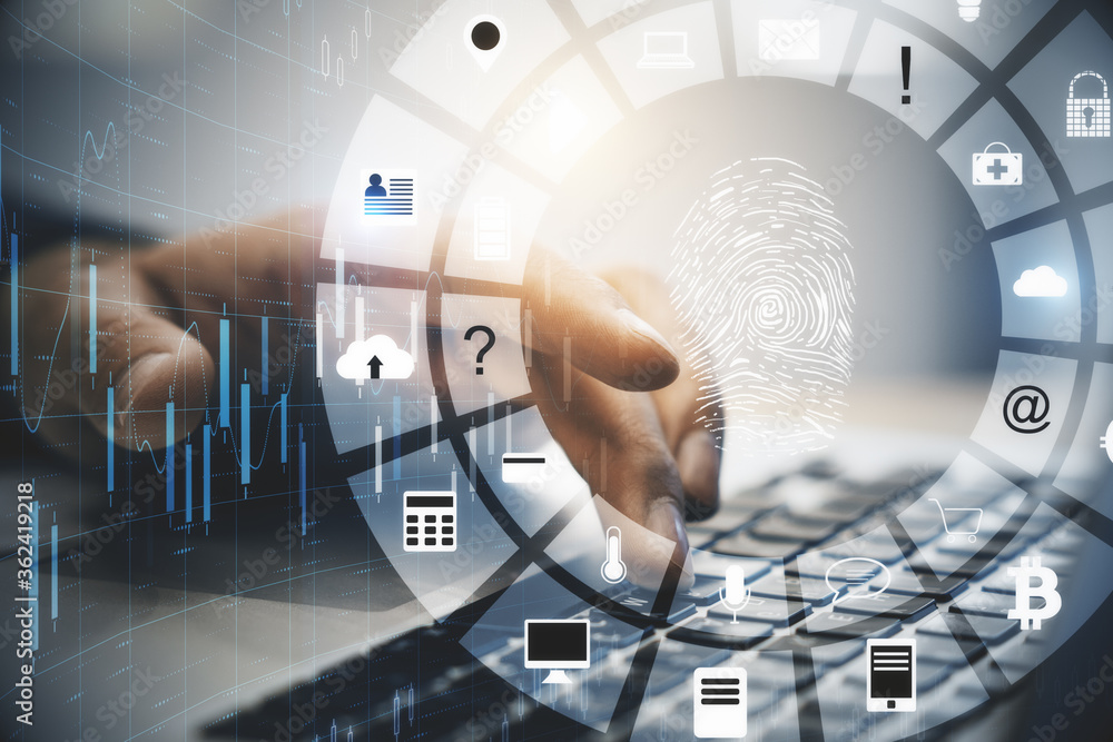 Poster Close up of hands using laptop with glowing finger print and data protection interface
