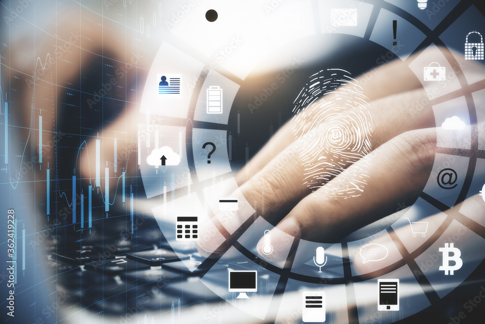Poster Hands using laptop with glowing finger print and data protection interface.