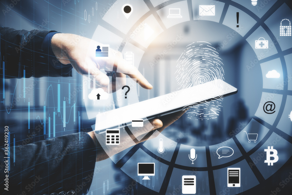 Poster Hand using tablet with glowing finger print interface
