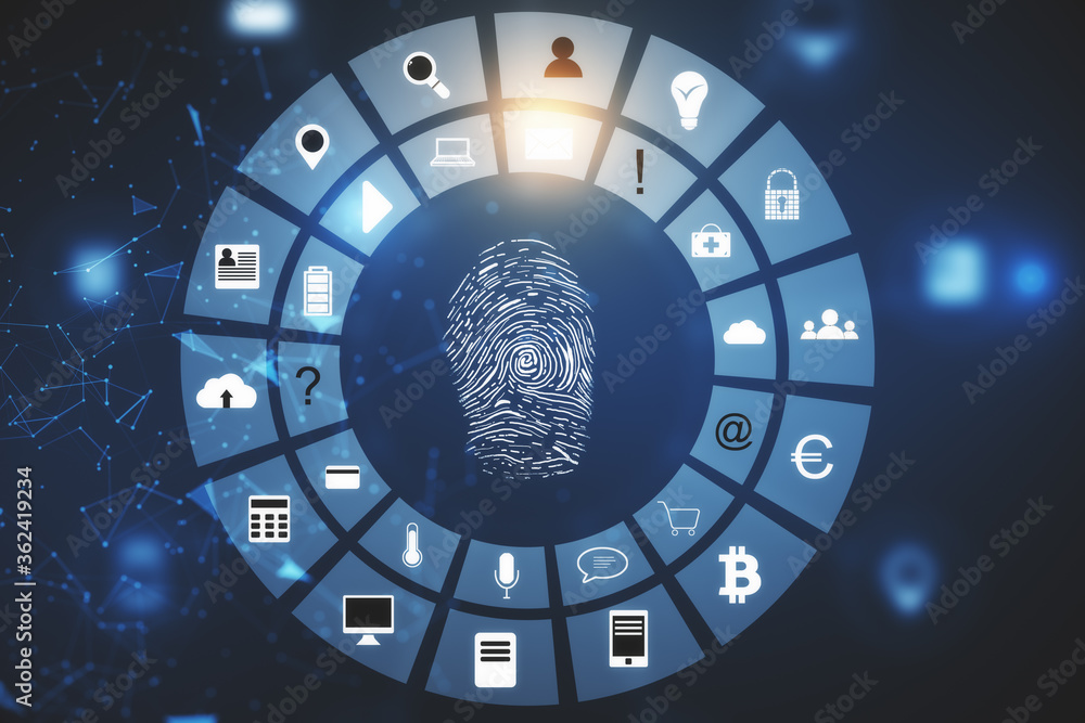 Poster creative glowing digital fingerprint interface with icons