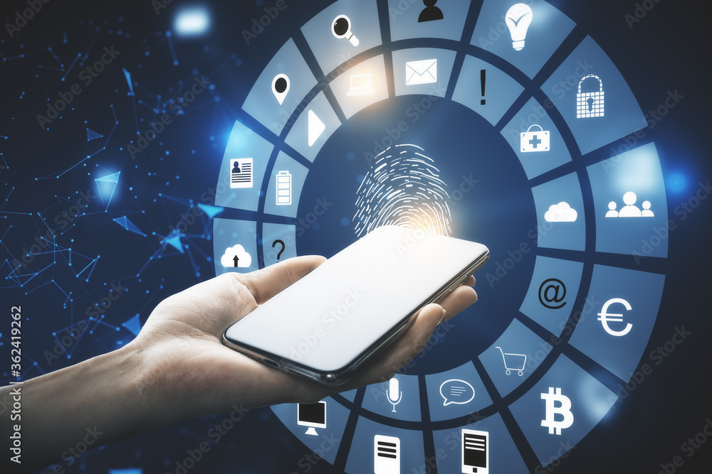 Poster hand holding smartphone with finger print and data protection interface
