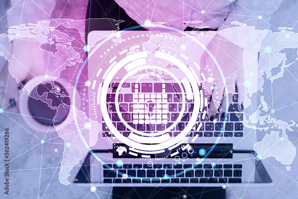 Poster Hands using laptop with glowing digital padlock  interface.