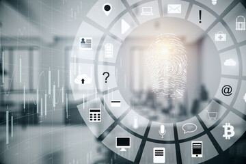 Glowing finger print and data protection interface on virtual screen.