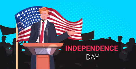 united states politician speaking to people from tribune 4th of july american independence day celebration concept horizontal portrait vector illustration