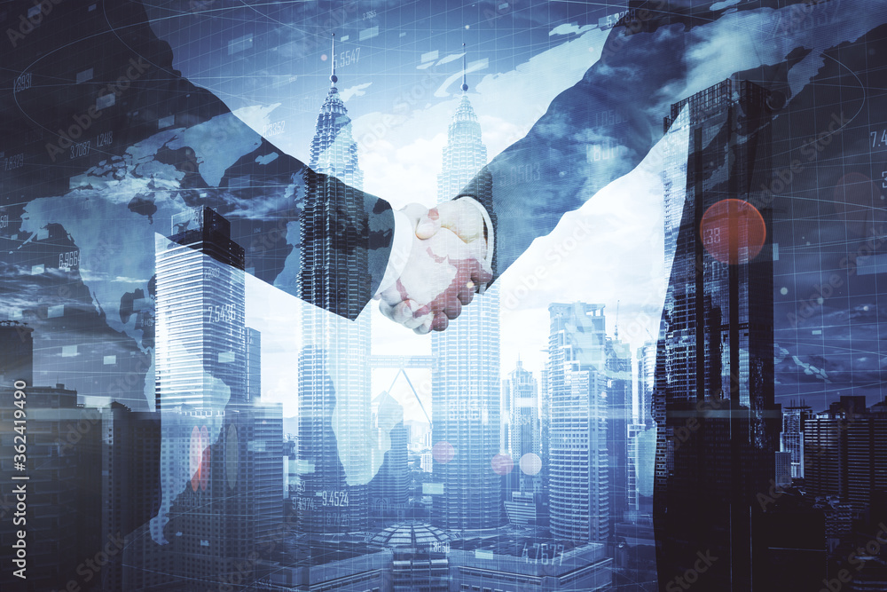 Poster handshake on abstract stock chart and skyscraper background.