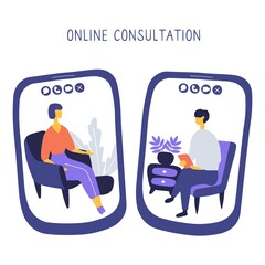 Doctor and patient communicate by video call. Online psychiatrist concept. Two people on screens of smartphones are talking to each other. Hand drawn vector illustration
