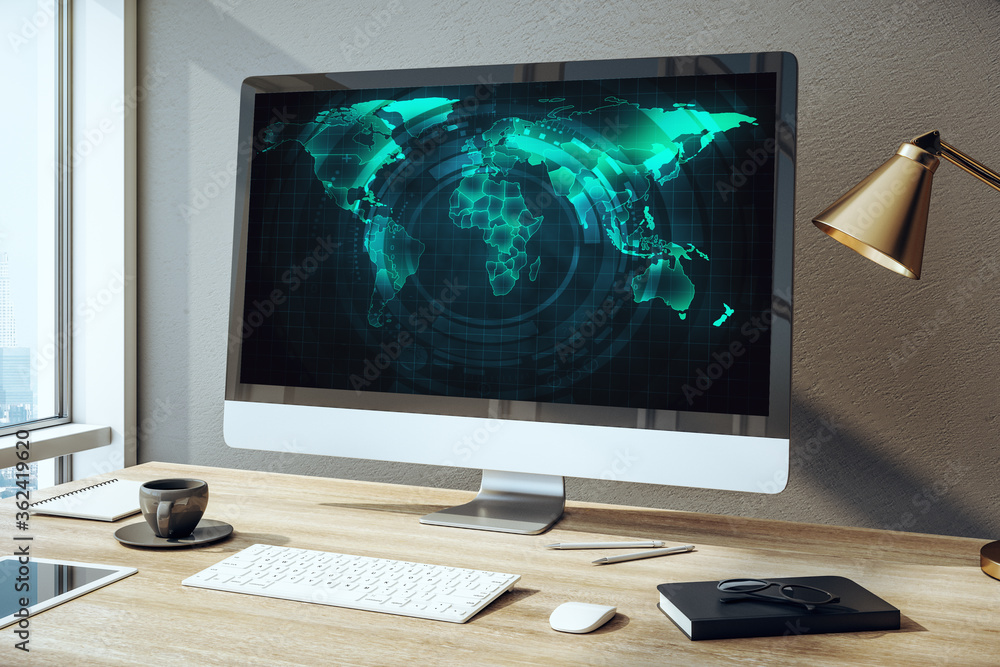 Poster Close up of computer with digital world map interface on desktop.