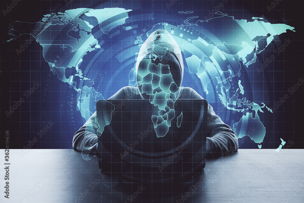 Poster hacker using laptop with digital blue world map hologram.