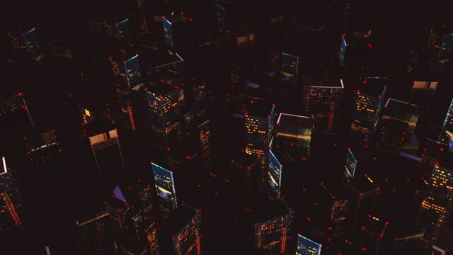 3D City Background Loop im Nebel bei Nacht