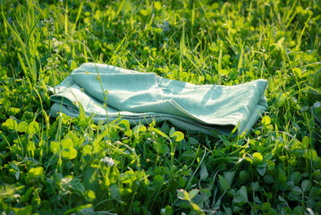 Green tablecloth on the green lawn grass background.