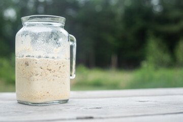 Whole grain sourdough starter in a clear glass container, on a picnic table in an outdoor environment.