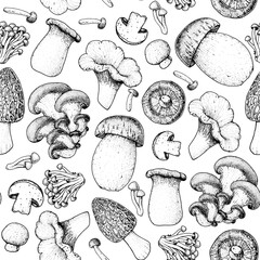 Mushrooms seamless pattern. Hand drawn sketch. Various mushrooms hand drawn vector illustration. Food background. Forest mushrooms. Black and white.