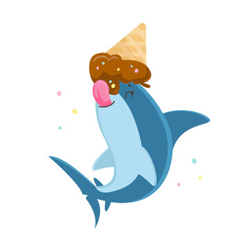 Cute Shark Character Licking Melted Ice Cream Cone Lying on its Head with Sprinkles around. T-shirt Print, Funny Underwater Predator Animal Isolated on White Background. Cartoon Vector Illustration