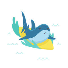 Cute Shark Riding Ocean Waves on Surf Board. Funny Character Summertime Recreation, Sport Isolated on White Background. T-shirt Print, Underwater Predator Animal Vacation. Cartoon Vector Illustration