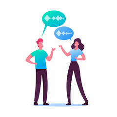 Young Man and Woman Chatting with Speech Bubbles and Sound Wave Symbols. Friends Characters Meeting, People Communicating. Voice Recognition Technologies in Human Life. Cartoon Vector Illustration