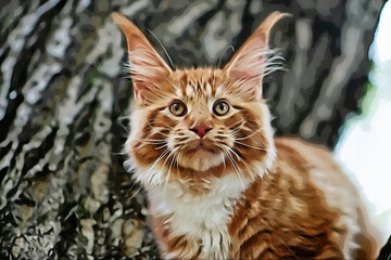 A big red maine coon kitten sitting on a tree in a forest in summer.