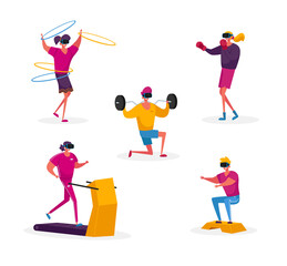 Fototapeta na wymiar Set of Characters in Vr Glasses Sporty Training in Virtual Reality Cyberspace. Young People in Sports Clothing and Goggles Headset Doing Fitness Exercising, Sport Workout. Cartoon Vector Illustration