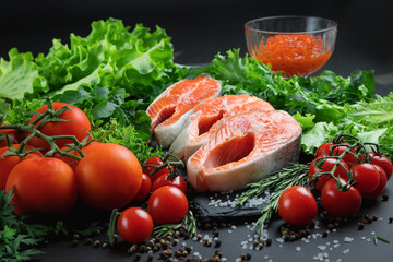 Red fish on a stone plate. Still life with seafood and vegetables. Seafood on a dark background. Sea fish. Red caviar.