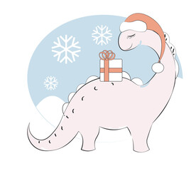 pink dinosaur Diplodocus in santa hat and gift