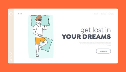 Night Rest and Bedding Time Landing Page Template. Man in Pajama and Mask Sleep on Bed Lying on Back with Hand under Pillow. Male Character Sleeping in Relaxed Pose. Linear Vector Illustration