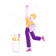 Happy Student Female Character Rejoice, Passing Exams, Education Concept, Girl with Book and School Stationery. Back to School, College or University, Gaining Knowledge. Linear Vector Illustration