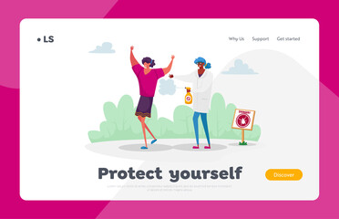 People Protect themselves from Mites Landing Page Template. Doctor Characters Spraying Insecticide on Woman against Ticks and Mosquito for Safety Walking in Forest or Park. Cartoon Vector Illustration