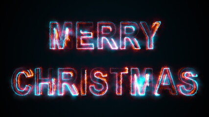 The phrase Merry Christmas, computer generated. Burning inscription. Capital letters. 3d rendering congratulatory background