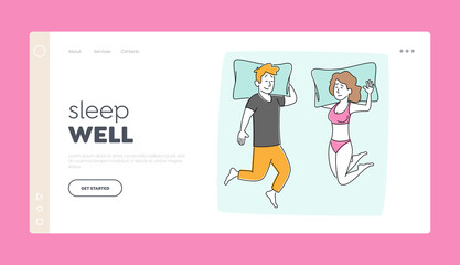 People Sleeping Landing Page Template. Young Couple Characters Sleep on Bed. Man in Pajama with Hands under Head, Naked Woman in Underwear Lying in Comfortable Pose. Linear People Vector Illustration