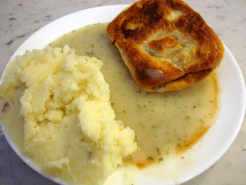 A traditional British pie & mash plate from London, UK.