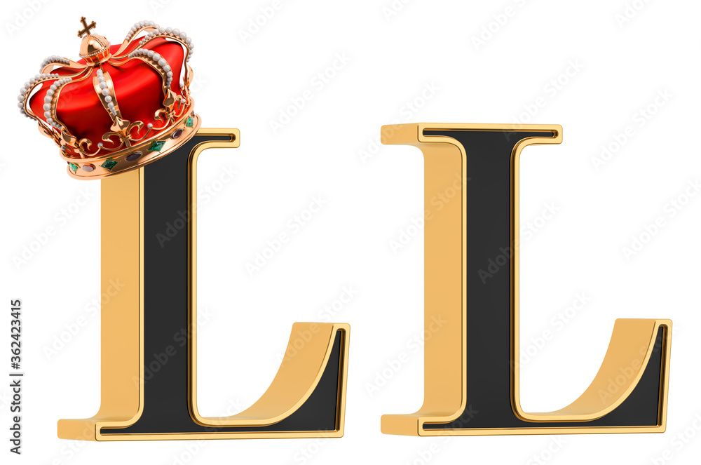 Poster letters l with gold crown and without, black font with golden border. 3d rendering