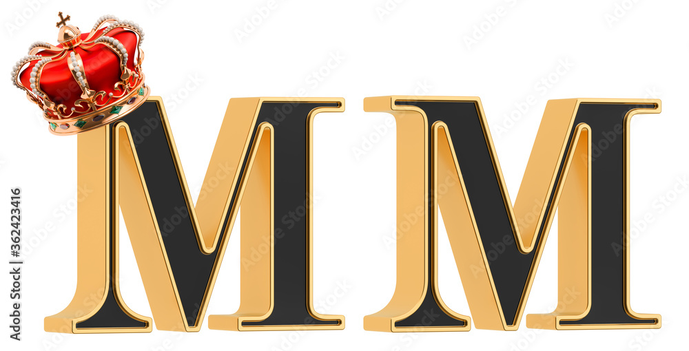 Poster letters m with gold crown and without, black font with golden border. 3d rendering