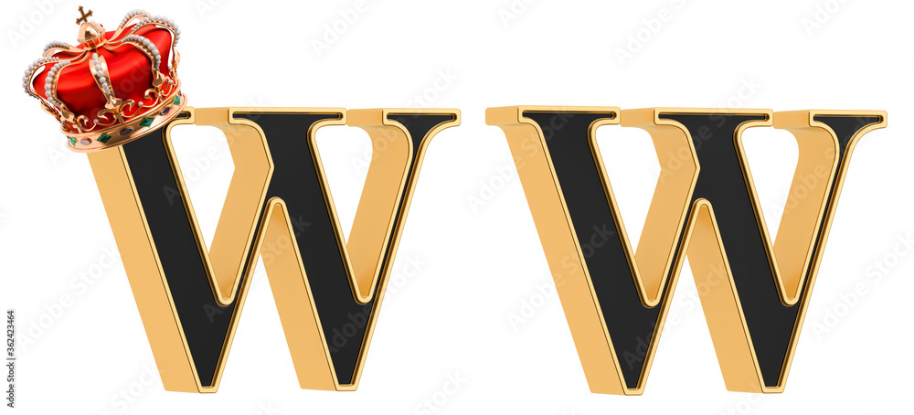 Poster letters w with gold crown and without, black font with golden border. 3d rendering