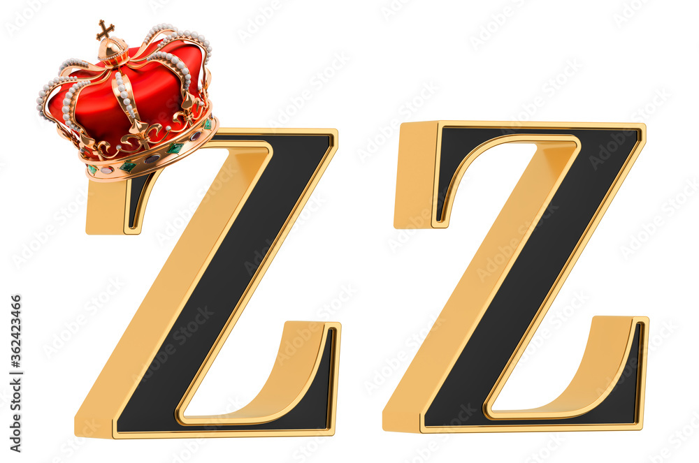 Poster letters z with gold crown and without, black font with golden border. 3d rendering