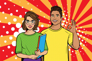Woman with a man in pop art style. Background in comic style retro pop art. Illustration for print advertising and web.