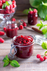 Fresh raspberries jam. Selective focus