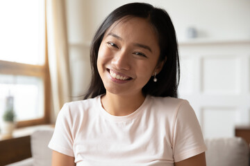 Head shot close up beautiful smiling vietnamese ethnicity young woman sitting on sofa, looking at camera. Happy biracial millennial lady blogger recording video or holding call remotely from home. - Powered by Adobe