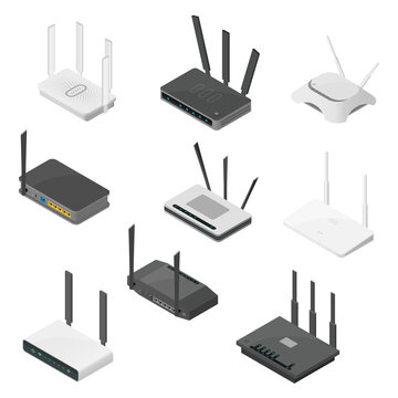 Isometric set of routers. Isometric realistic vector icons isolated on white background.