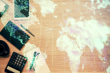 Multi exposure of business theme drawing and work table top veiw. Concept of international finance.