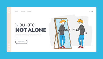 Obraz na płótnie Canvas Disgust to Self Appearance, Depression, Mental Problem Landing Page Template. Female Character with Low Self-esteem Looking at Mirror See her Ugly Reflection with Old Face. Linear Vector Illustration