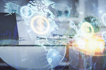 Double exposure of financial graph drawing and office interior background. Concept of stock market.