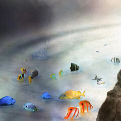 Kolorowa ilustracja z barwnymi rybkami na powierzchni wody - obrazy, fototapety, plakaty