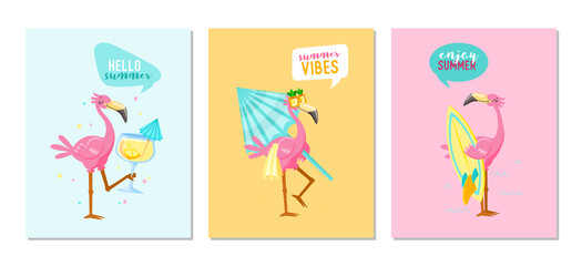 Set of Summer Vibes Banners with Cute Pink Flamingo Drink Cocktail, Carry Umbrella and Surf Board. Hello Summer Posters with Cartoon Character Vacation Activity and Spare Time. Vector Illustration