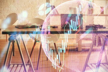 Multi exposure of stock market chart drawing and office interior background. Concept of financial analysis.