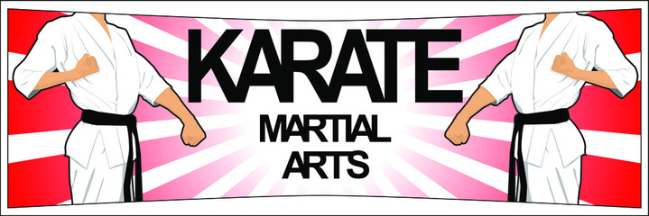 Martial arts fighters in a kimono stand against each other in racks on a white-red background with the inscription - karate martial arts.