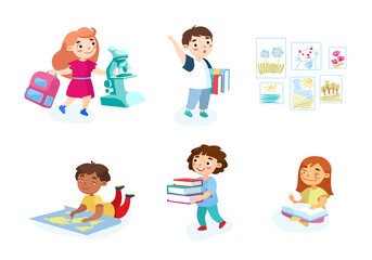 Back to School Set of Children with Studying Supplies, Microscope, Books and Backpacks. Students Characters Reading, Prepare to Exam, Learning Process in College. Cartoon People Vector Illustration