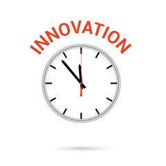  Vector illustration of clock icon. Red arrow points to word INNOVATION. Conceptual icon.