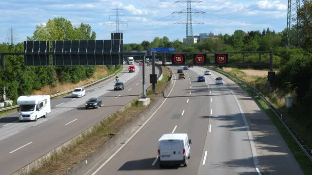 Frankfurt, Germany - July 03, 2020: Dense traffic on German highway A5 nearby Frankfurt