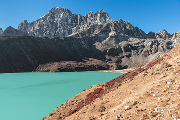 Phari Lapcha soaring above Gokyo Cho, also known as Dudh Pokhari.